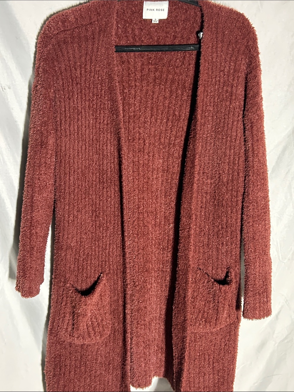 Pink Rose Open-Front Plush Long Cardigan - Rust